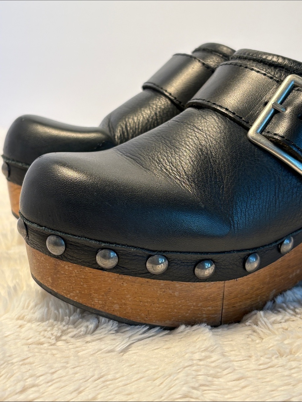Free People Culver City Clogs black leather silver studs wooden platform 7.5